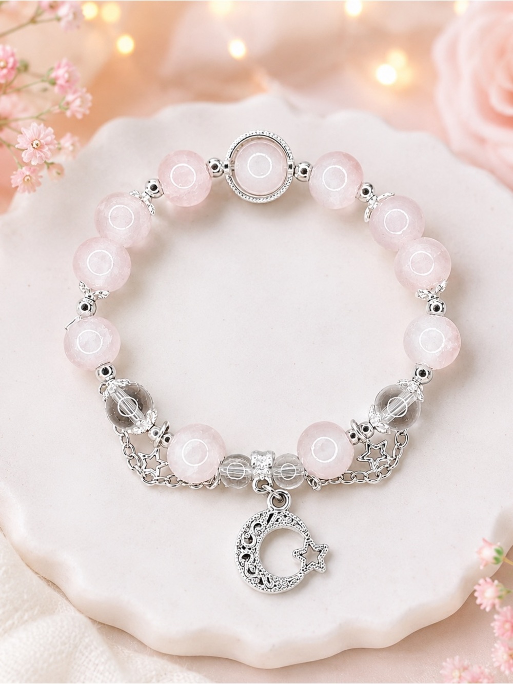 Elegant Rose Quartz Beaded Bracelet with Crescent Moon & Star Charms